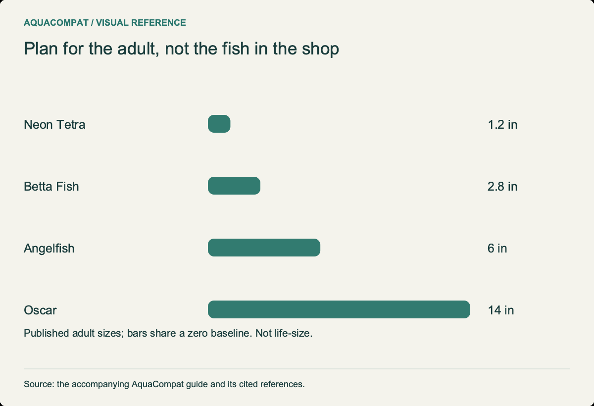 Neon Tetra: 1.2 in; Betta Fish: 2.8 in; Angelfish: 6 in; Oscar: 14 in. Values are species-specific, not a combined stocking recommendation.